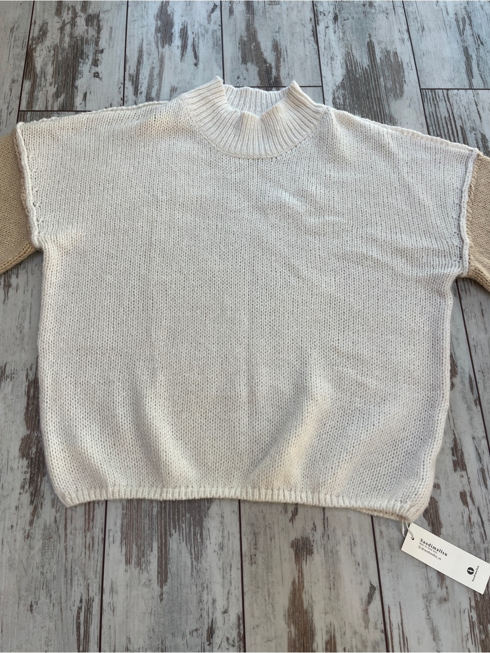 Saodimallsu Womens Medium White Beige Oversized Textured Knit Mock Neck Sweater - Picture 8 of 11